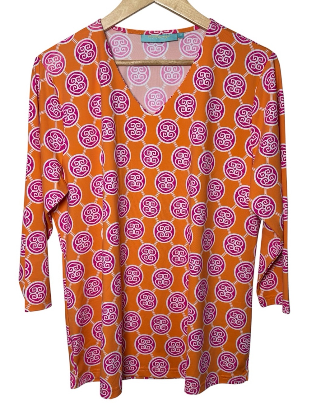 Anthony's Resort Wear Top Blouse Women XL Orange Pink 3/4 Sleeve Geo Stretch UPF